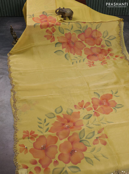 Yellow Tissue Silk Embroidery Saree