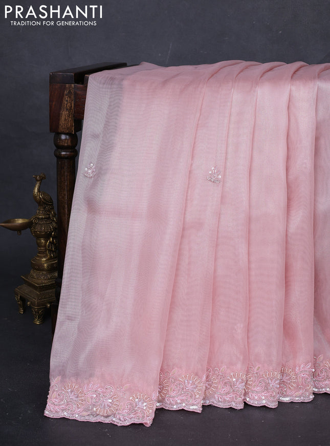 Peach Pink Organza silk Embroidery Saree