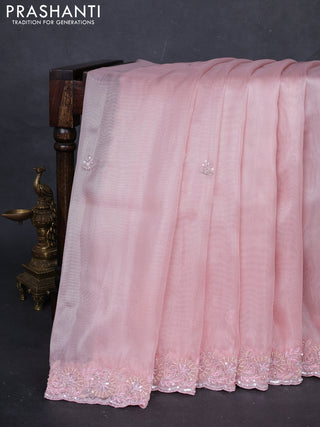 Peach Pink Organza silk Embroidery Saree