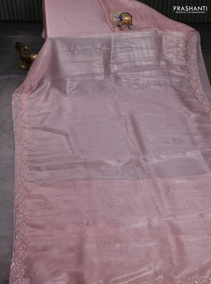 Peach Pink Organza silk Embroidery Saree