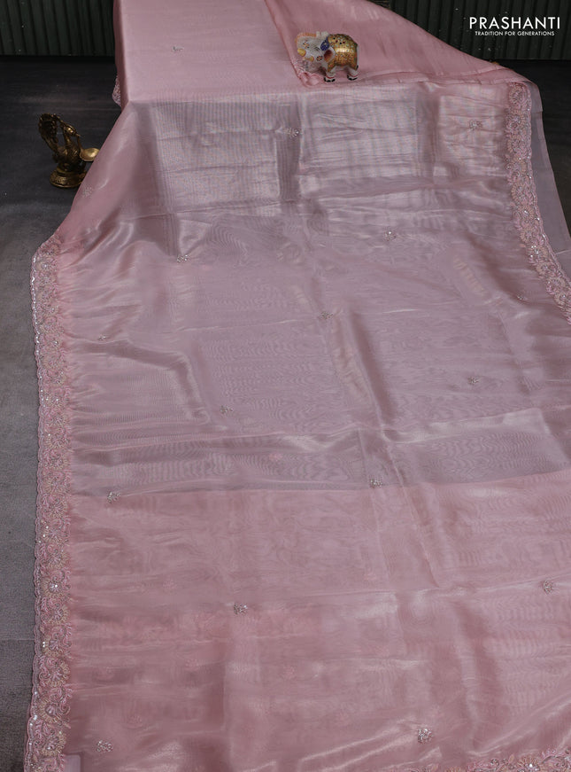 Peach Pink Organza silk Embroidery Saree