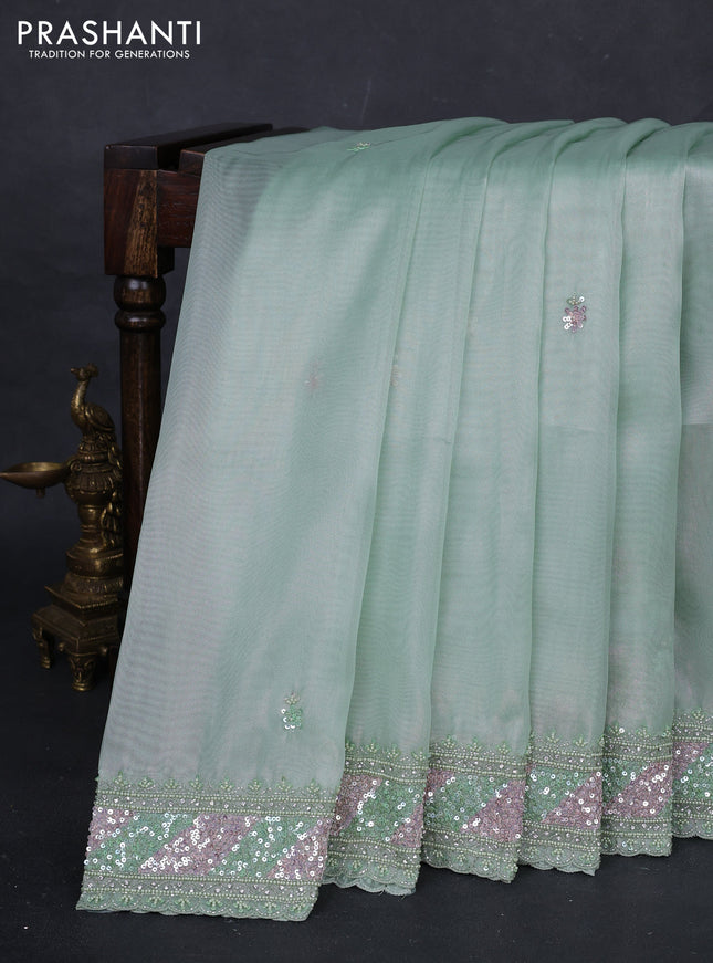 Teal Green Tissue Silk Embroidery Saree