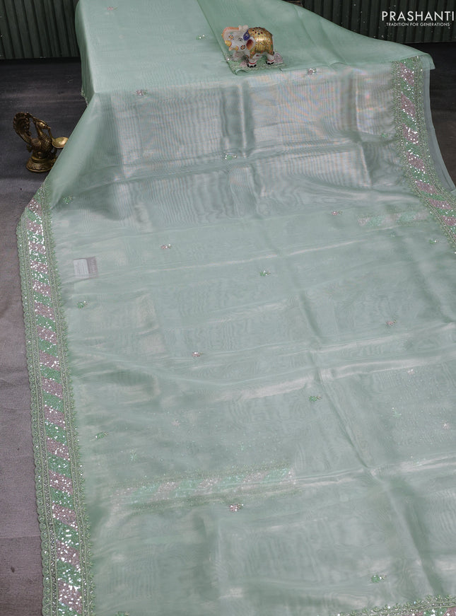 Teal Green Tissue Silk Embroidery Saree