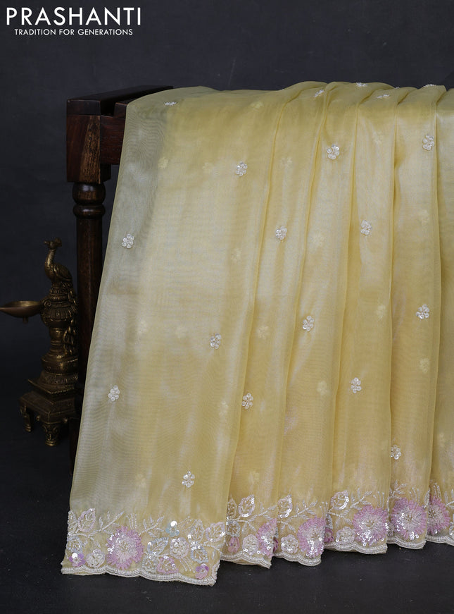 Yellow Tissue Silk Embroidery Saree