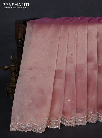 Peach Pink Organza Silk Embroidery Saree