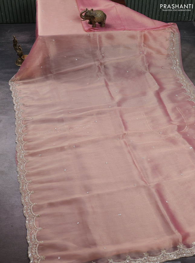 Peach Pink Organza Silk Embroidery Saree
