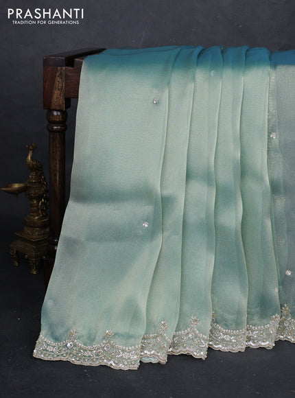 Teal Blue Organza Silk Embroidery Saree