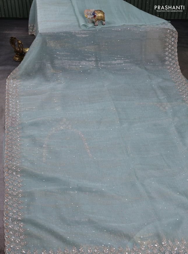 Teal Blue Crushed Tissue Silk Embroidery Saree