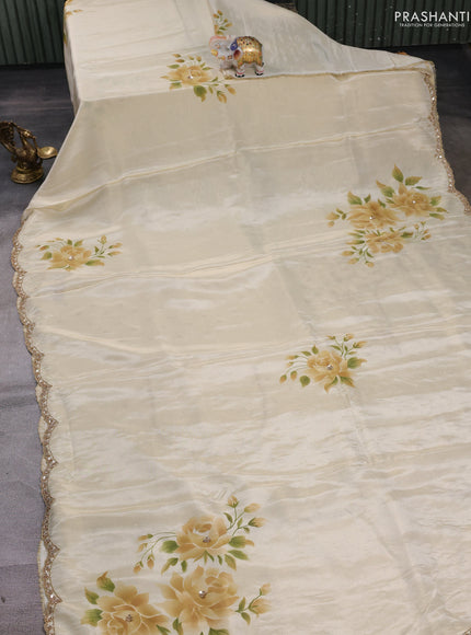 Cream Tissue Silk Embroidery Saree
