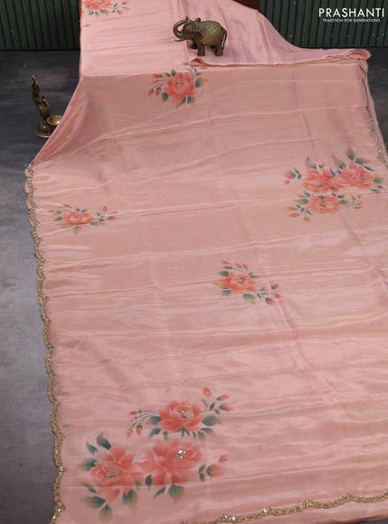 Peach Tissue Silk Embroidery Saree