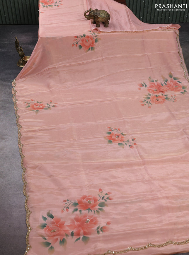 Peach Tissue Silk Embroidery Saree