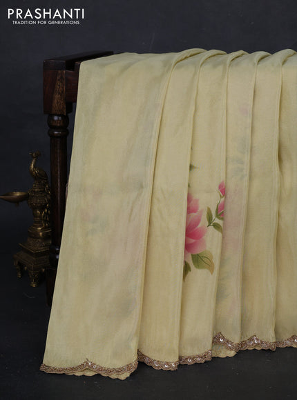 Pale Yellow Tissue Silk Embroidery Saree