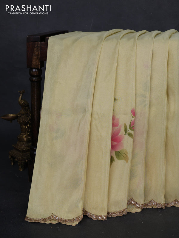 Pale Yellow Tissue Silk Embroidery Saree