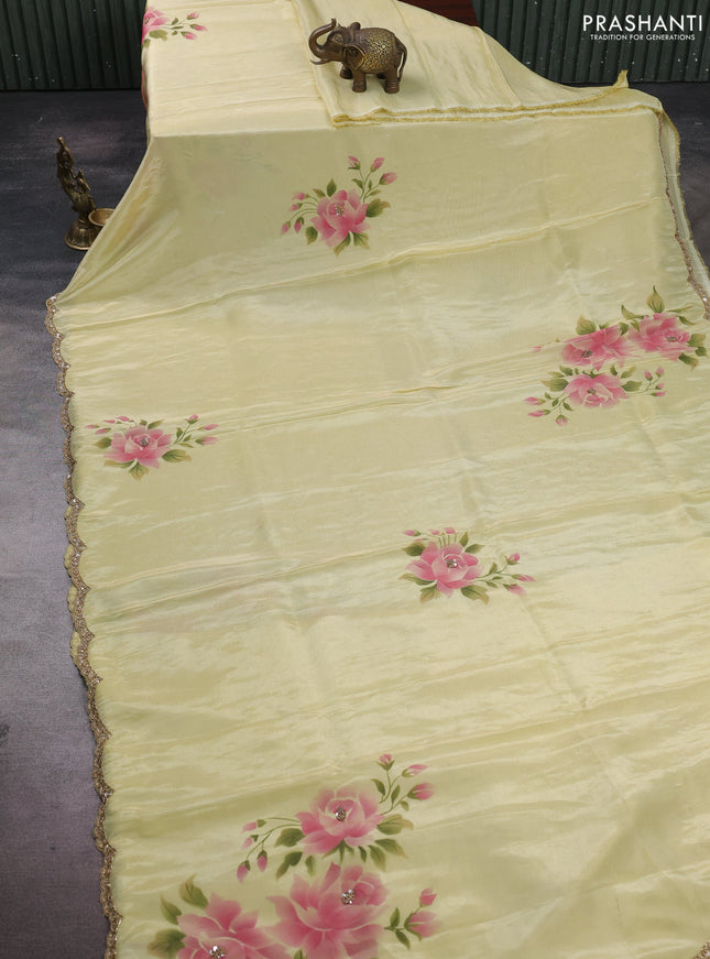 Pale Yellow Tissue Silk Embroidery Saree