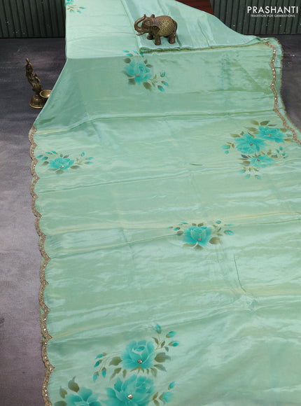 Teal Green Tissue Silk Embroidery Saree