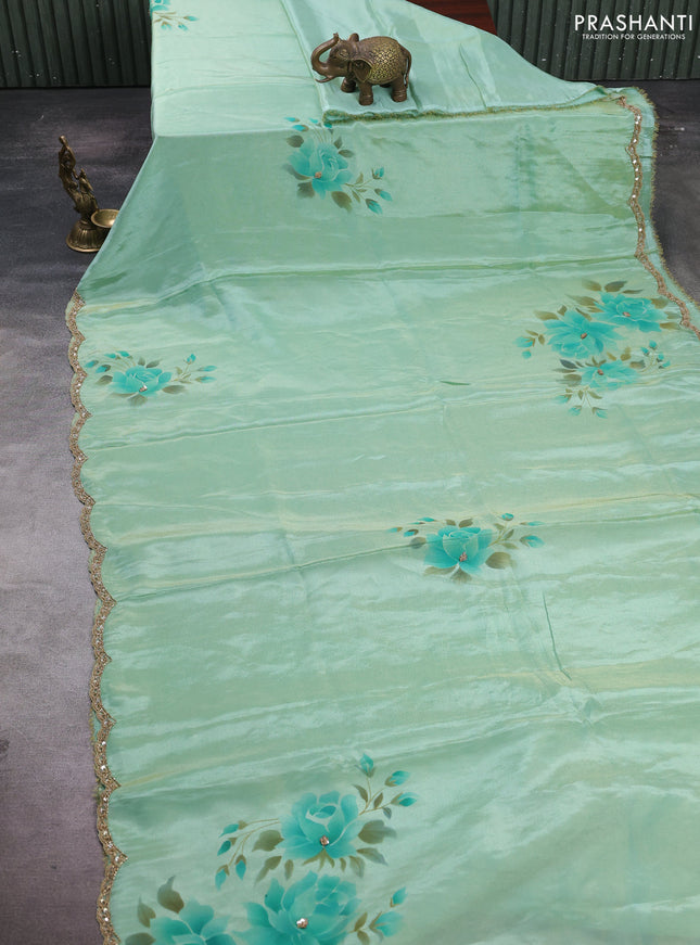 Teal Green Tissue Silk Embroidery Saree
