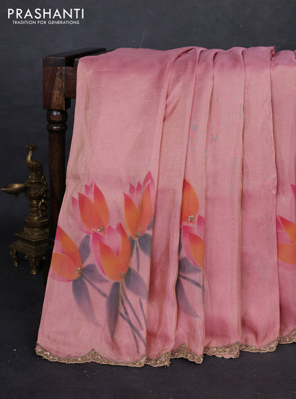Peach Pink Tissue Silk Embroidery Saree