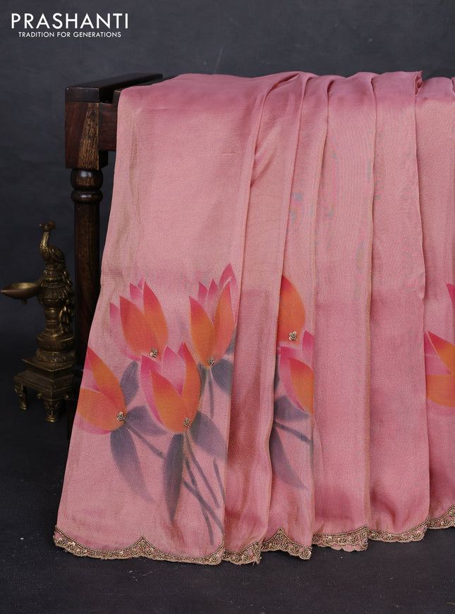 Peach Pink Tissue Silk Embroidery Saree