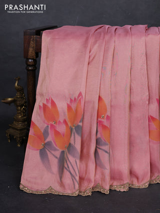 Peach Pink Tissue Silk Embroidery Saree