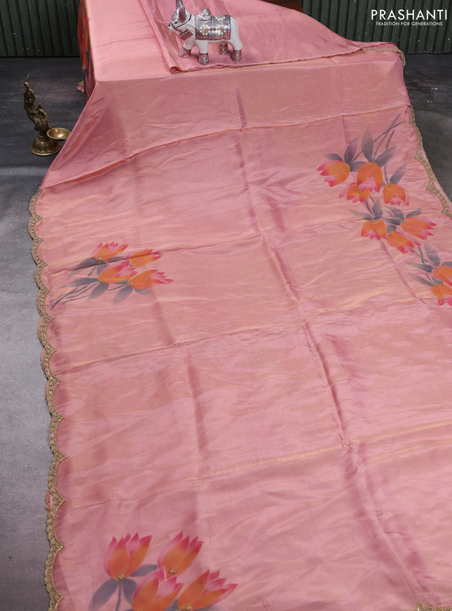 Peach Pink Tissue Silk Embroidery Saree