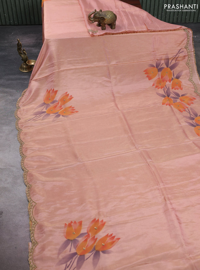 Peach Tissue Silk Embroidery Saree