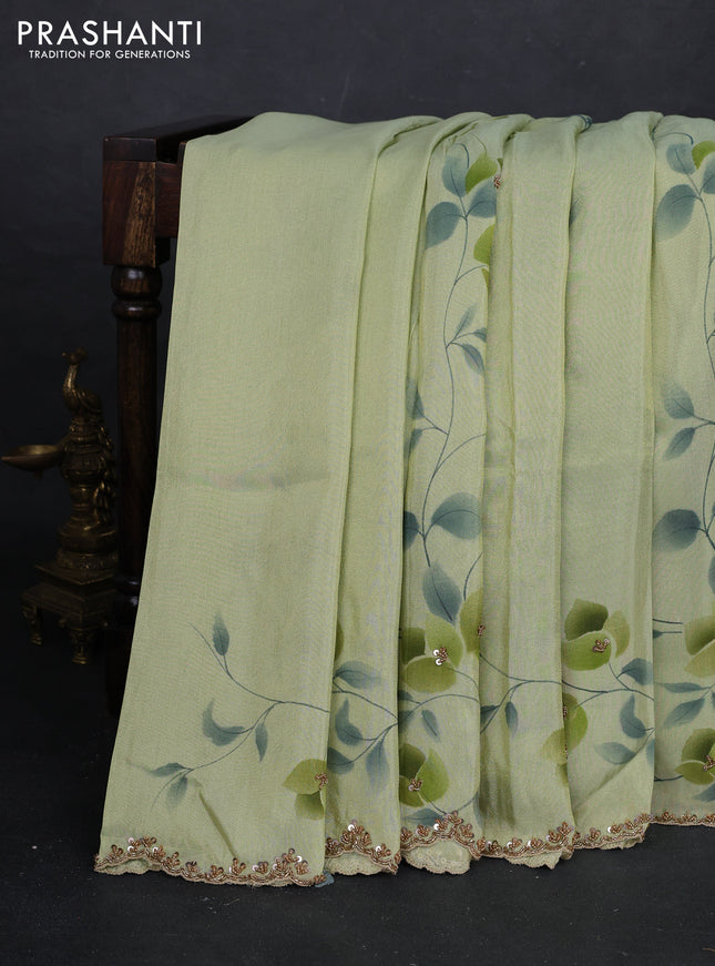 Pista Green Tissue Silk Embroidery Saree