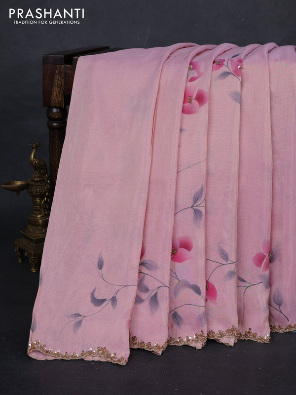 Light Pink Tissue Silk Embroidery Saree