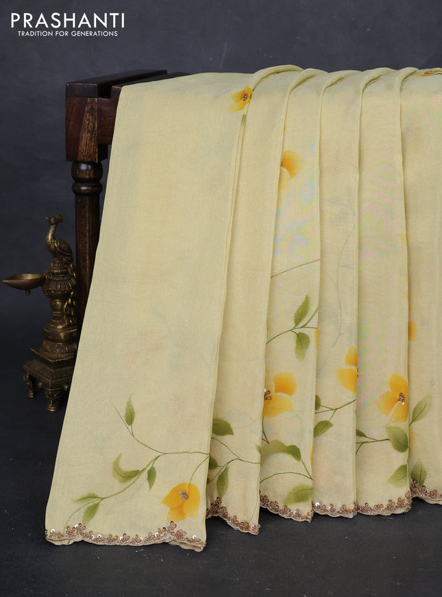 Pale Yellow Tissue Silk Embroidery Saree