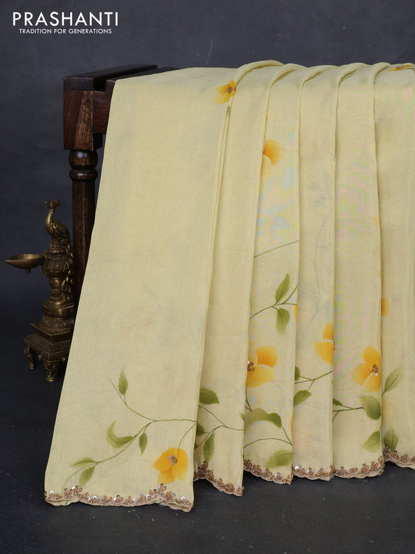 Pale Yellow Tissue Silk Embroidery Saree
