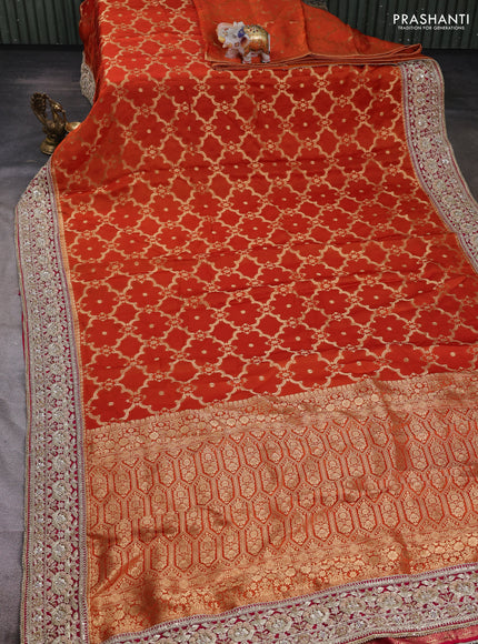 Orange Banarasi silk Embroidery saree
