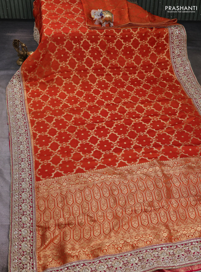 Orange Banarasi silk Embroidery saree