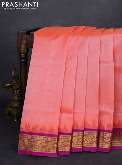 Peach Orange & Magenta Pink Silk Cotton Korvai Saree