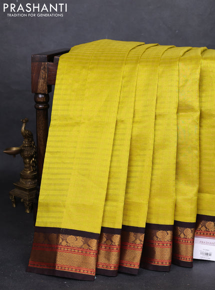 Lime Yellow & Coffee Brown Silk Cotton Korvai - Checks