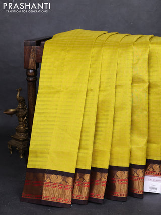 Lime Yellow & Coffee Brown Silk Cotton Korvai - Checks