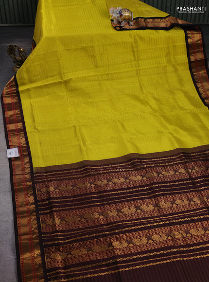 Lime Yellow & Coffee Brown Silk Cotton Korvai - Checks