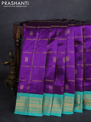 Purple & Teal Blue Silk Cotton Korvai - Checks