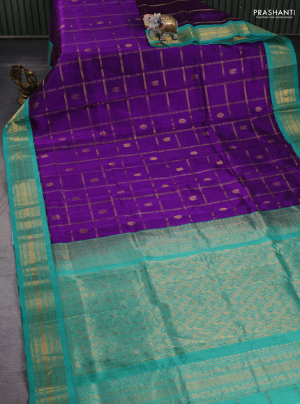 Purple & Teal Blue Silk Cotton Korvai - Checks