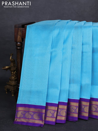 Sky Blue & Violet Silk Cotton Korvai Saree