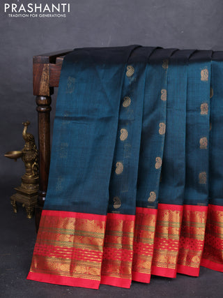 Peacock Green & Red Silk Cotton Korvai - Buttas