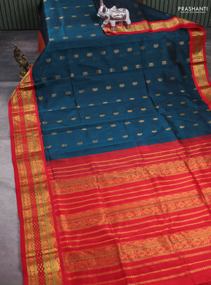 Peacock Green & Red Silk Cotton Korvai - Buttas