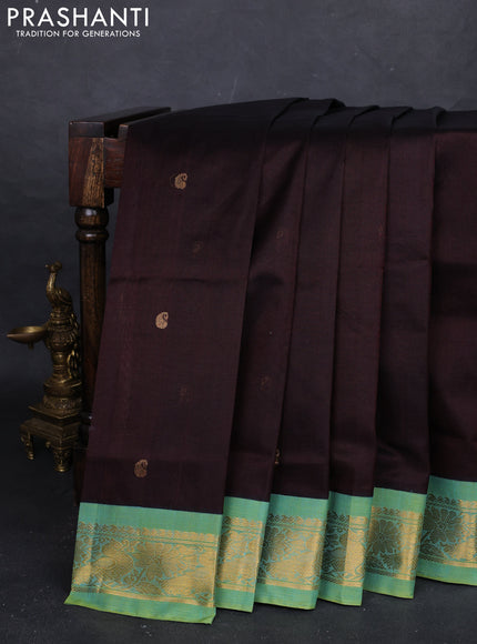 Coffee Brown & Teal Blue Silk Cotton Korvai - Buttas