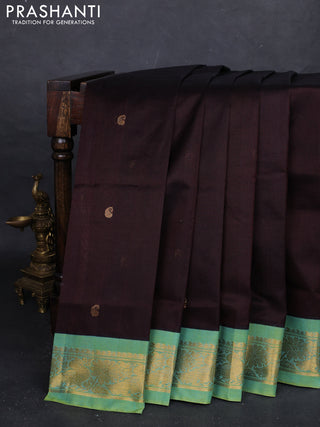 Coffee Brown & Teal Blue Silk Cotton Korvai - Buttas