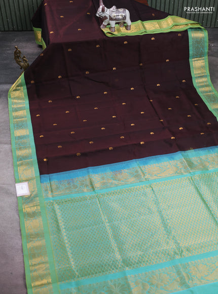 Coffee Brown & Teal Blue Silk Cotton Korvai - Buttas