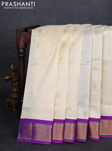 Cream & Purple Silk Cotton Korvai - Buttas