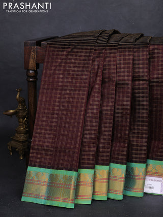 Coffee Brown & Teal Blue Silk Cotton Korvai - Checks