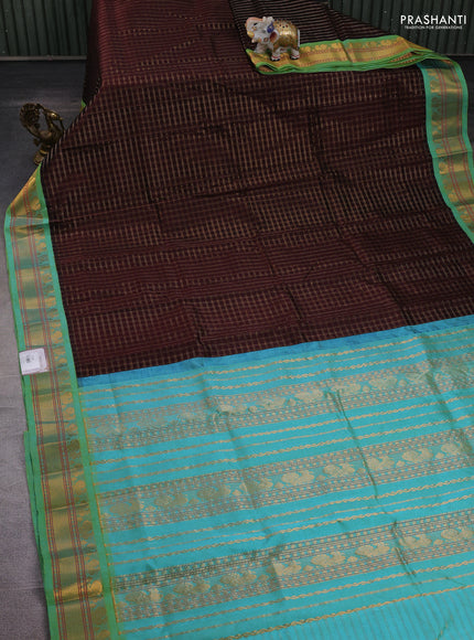 Coffee Brown & Teal Blue Silk Cotton Korvai - Checks