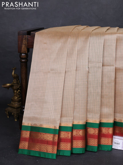 Peach & Green Silk Cotton Korvai - Checks