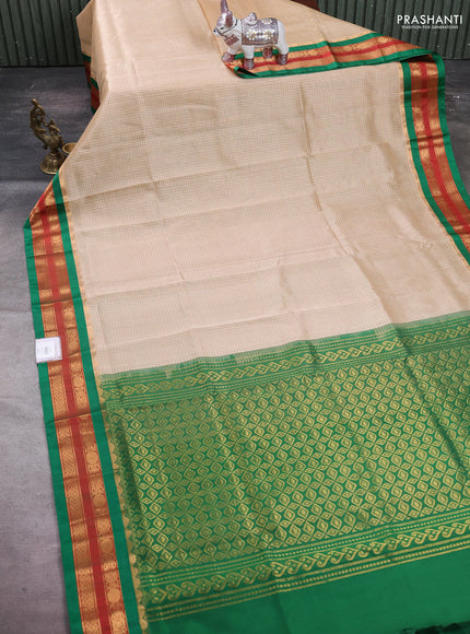 Peach & Green Silk Cotton Korvai - Checks