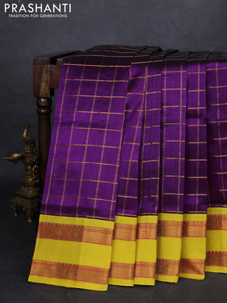 Purple & Lime Green Silk Cotton Korvai - Checks