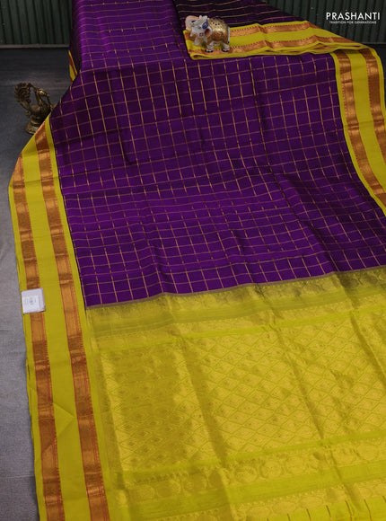 Purple & Lime Green Silk Cotton Korvai - Checks